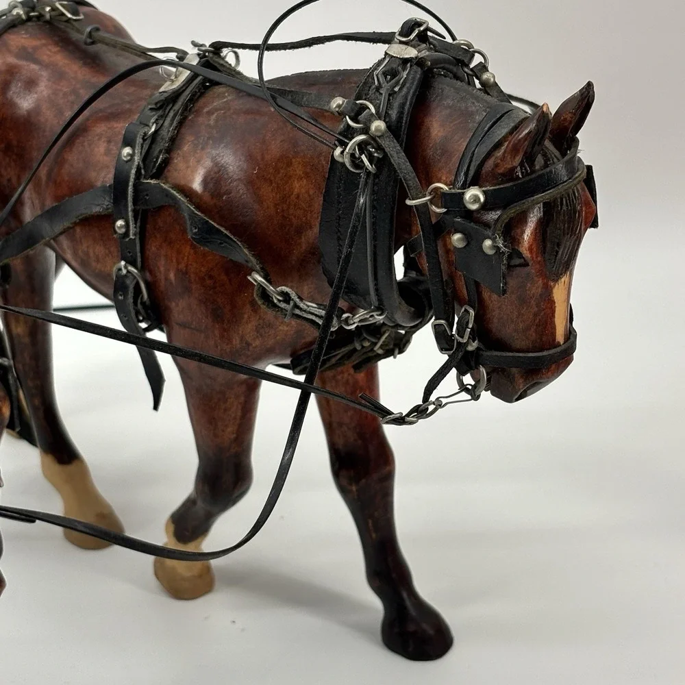 Rare Vintage Wooden Horses With Tooled Leather Bridle Reins Draft‎ Team